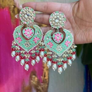 Elegant Floral Green and Pink Earrings